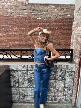 REVICE Blue Denim Flare Jeans with Matching Bustier Top